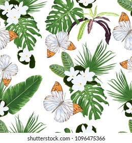 Seamless vector pattern with tiare flowers, tropical leaves and butterflies. 