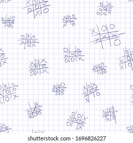 Seamless vector pattern tic-tac-toe game on a sheet of notebook