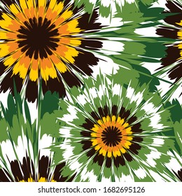 Seamless vector pattern with tie dye style sunflowers. Floral wallpaper design with abstract flowers. Beautiful background with green and yellow paint.