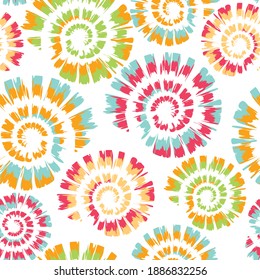 Seamless vector pattern with tie dye spiral on white background. Simple colourful spiral wallpaper design. Artistic deco fashion textile.