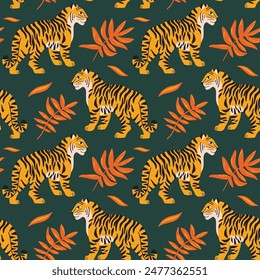 Seamless vector pattern with tiger cat and exotic tropical jungle plants, wildlife in colorful cartoon style, funky groovy illustration for wrapping paper, fabric, wallpaper decoration 