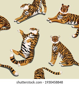 Seamless vector pattern. Tiger in different poses on beige, ivory, cream color background. Square design for fabric, wallpaper, wrapping paper, scrapbook, invitation card, and more.