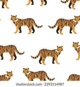 Seamless vector pattern of tiger drawn in primitive style
