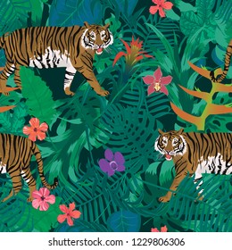 Seamless vector pattern with tiger,  exotic leaves, flowers.