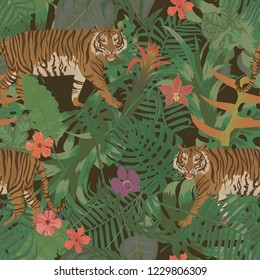 Seamless vector pattern with tiger,  exotic leaves, flowers.