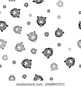 Seamless vector pattern with tiger head symbols, creating a creative monochrome background with rotated elements. Vector illustration on white background