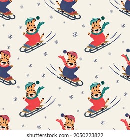 Seamless vector pattern with tiger sledding. Cute illustration for wrapping paper or backgrounds.
