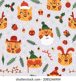 Seamless vector pattern of tigers. Doodle illustration with a symbol for the new year. Template for