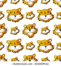 Seamless vector pattern with tigers faces. 2022. Year of the tiger. Can be used for fabric, packaging, wrapping paper and etc