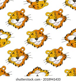 Seamless vector pattern with tigers faces. Pattern in hand draw style. New Year's holidays 2022