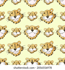 Seamless vector pattern with tigers faces. Pattern in hand draw style. New Year's holidays 2022