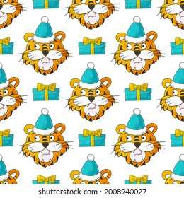 Patrón vectorial sin foco con cabezas de tigres en sombreros de Año Nuevo. Año del tigre 2022. Puede utilizarse para tejidos, embalajes, embalajes, etc.