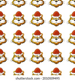 Seamless vector pattern with tigers heads in Christmas hats. 2022. Year of the tiger. Can be used for fabric and etc