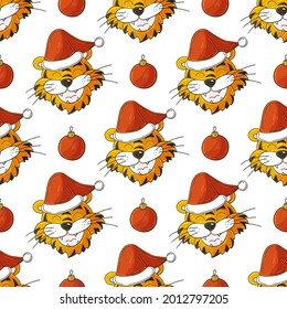Seamless vector pattern with tigers heads in Christmas hats. 2022. Year of the tiger. Can be used for fabric, packaging, wrapping and etc