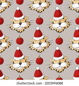 Seamless vector pattern with tigers heads in Christmas hats. Pattern in hand draw style. New Year 2022. Year of the tiger