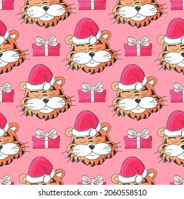 Seamless vector pattern with tigers heads in New Year's hats, gifts. 2022. Can be used for fabric, packaging, wrapping paper and etc