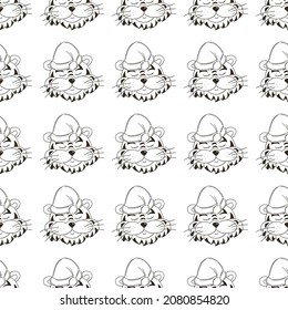Seamless vector pattern with tigers heads in Christmas hats. 2022. Year of the tiger. Can be used for fabric, packaging, wrapping paper, textile and etc