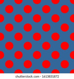 Seamless vector pattern, tile background or texture with red polka dots on a sailor navy blue background. For desktop wallpaper, decoration, cards, invitations, web design, halloween background,