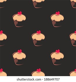 Seamless vector pattern, tile texture, wallpaper or background with big sweet muffin cupcakes on dark, black background. With red lovely heart and cherry on top