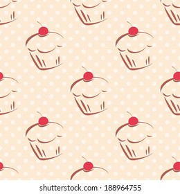 Seamless vector pattern or tile texture with cherry cupcakes and white polka dots on pink background. Hand drawn muffins and sweet cake dessert background