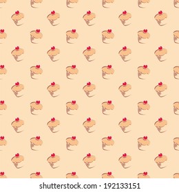 Seamless vector pattern or tile texture with little cupcakes, muffins, sweet cake and red heart on top. Wallpaper background with sweets