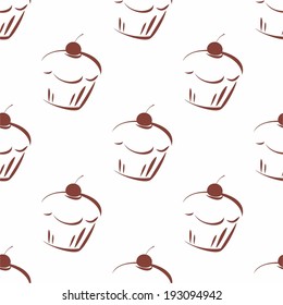 Seamless vector pattern or tile texture with cherry cupcakes isolated on white background.