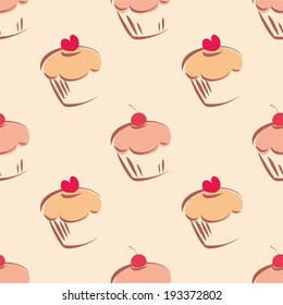 Seamless vector pattern or tile texture with little cupcakes, muffins, sweet cake cherry and red heart on top. Background with sweets for valentines, wallpaper, desktop or culinary blog website