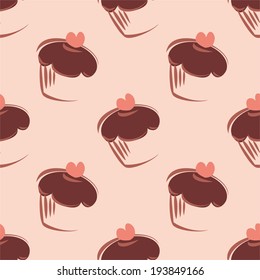 Seamless vector pattern or tile texture with chocolate cupcakes, muffins, sweet cake and pink heart on peach pink background for wallpaper decoration