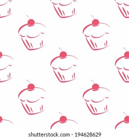 Seamless vector pattern or tile texture with pink cherry cupcakes isolated on white background. Cake decoration wallpaper.