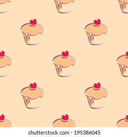 Seamless vector pattern or tile texture with little cupcakes, muffins, sweet cake and red heart on top. Background with sweets for decoration wallpaper