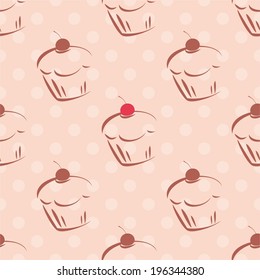 Seamless vector pattern or tile texture with cherry cupcakes and white polka dots on pink background. Hand drawn muffins decoration