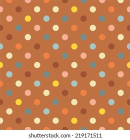 Seamless vector pattern or tile texture with colorful blue, yellow, brown, orange, red and bottle green polka dots on dark brown background