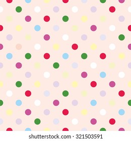 Seamless vector pattern or tile texture with colorful red, violet, blue, orange, white, yellow and green polka dots on pink background