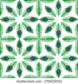  Patrón vectorial sin problemas. Mosaicos de pavo real enlosados formando elegantes formas florales. Todos los tonos verdes, desde el césped hasta el esmeralda sobre fondo blanco. Arte de imagen elegante para textiles, envolturas, azulejos.