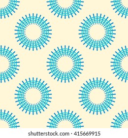 Seamless vector pattern, tilling background, endless texture, abstract textile design. Repeatable geometric ornament, cyan circles bickered with blue lines 