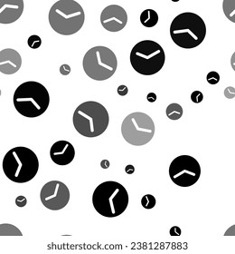 Seamless vector pattern with time symbols, creating a creative monochrome background with rotated elements. Vector illustration on white background