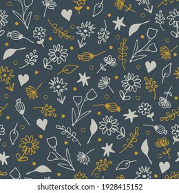 Seamless vector pattern with tiny flowers on blue background. Hand drawn floral wallpaper design. Decorative retro fashion textile.