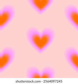 Seamless Vector Pattern With Tiny Gradient Hearts. Trendy Romantic Endless Print With Blurry Pink-Orange Hearts on a Coral Background. Valentine's Day Wallpaper. Baby Girl Pattern. RGB.