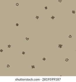 Seamless vector pattern with tiny hand drawn snowflakes, stars and hearts scattered across a warm taupe background, suited to cozy winter stationery, gift wrapping, pajamas, bedding and seasonal textiles
