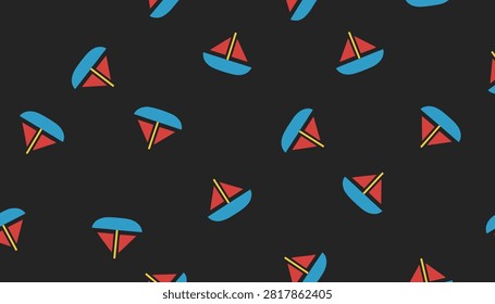 Seamless vector pattern of tiny red and blue sailboats floating in multiple directions on a dark charcoal gray background.