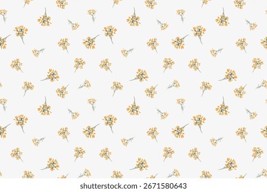 Seamless vector pattern with tiny yellow orange wildflowers on a soft light background. Fresh and minimal floral design for fabric, packaging, paper, and spring decor