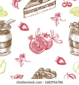 Seamless vector pattern with tiramisu and panna cotta desert .