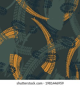Seamless Vector Pattern with Tire Tracks and Shoes Print . Orange and Green. Pattern for boy