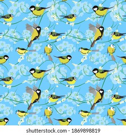 Seamless vector pattern with titmouse and blooming plants. Birds and white flowers on blue background for textile decoration, packaging