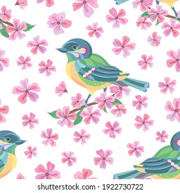 Seamless vector pattern of titmouse and sakura flowers. Decoration print for wrapping, wallpaper, fabric, textile. Spring background.  