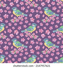 Seamless vector pattern of titmouse and sakura flowers. Decoration print for wrapping, wallpaper, fabric, textile. Spring background.  