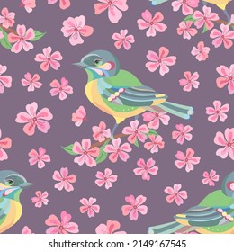 Seamless vector pattern of titmouse and sakura flowers. Decoration print for wrapping, wallpaper, fabric, textile. Spring background.  
