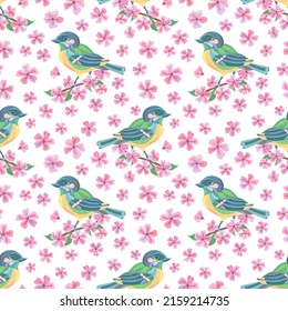 Seamless vector pattern of titmouse and sakura flowers. Decoration print for wrapping, wallpaper, fabric, textile. Spring background.  