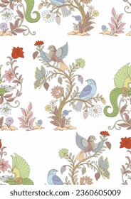 Seamless vector pattern with tits and blooming trees. Birds and flowers.