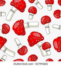 Seamless vector pattern of toadstools on a light gray background. Wrapping paper. Amanita pattern.